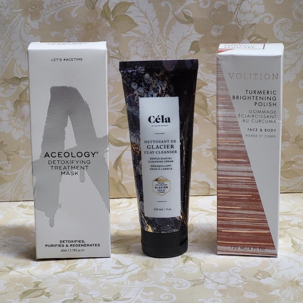Aceology Detox Mask, Cela Glacier Cleanser, & Volition Turmeric Polish, NIB